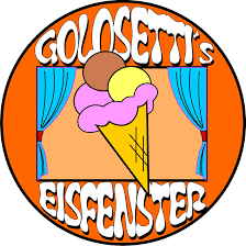 Logo von Golosetti's Eisfenster mit Eistüte und Vorhängen.