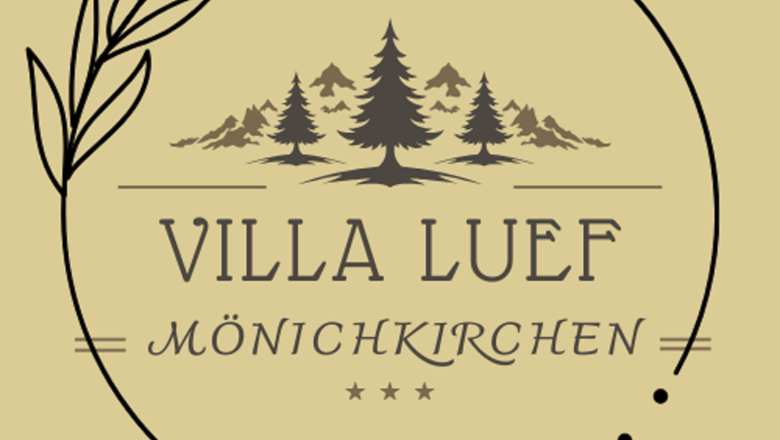 Logo der Villa Luef in M&ouml;nichkirchen mit Tannenb&auml;umen und stilisiertem Blattmotiv.