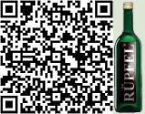 Ein QR-Code neben einer grünen Flasche mit der Aufschrift 'Rüpel'.