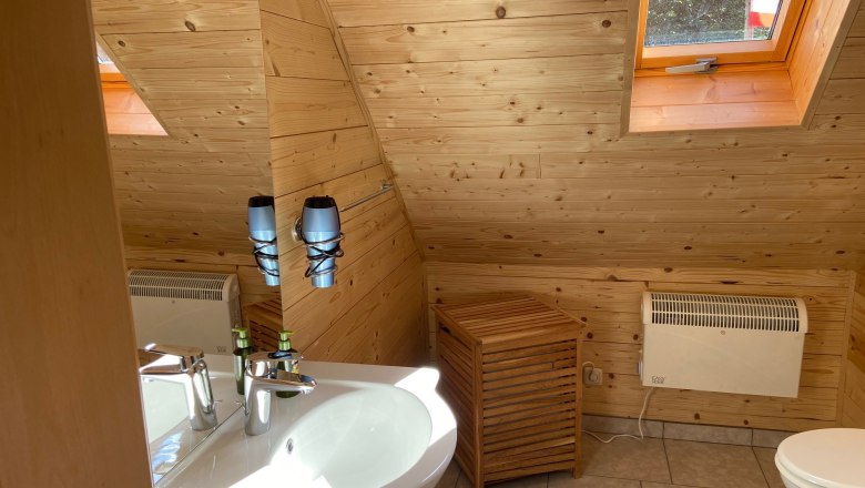 Holzvertäfeltes Badezimmer mit Waschbecken, Spiegel, Dachfenster und Heizkörper.