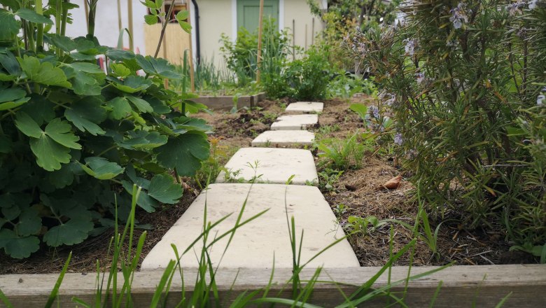 Ein Gartenweg aus Steinplatten führt durch ein Gemüsebeet mit grünen Pflanzen. Im Hintergrund ist ein kleines Haus zu sehen.