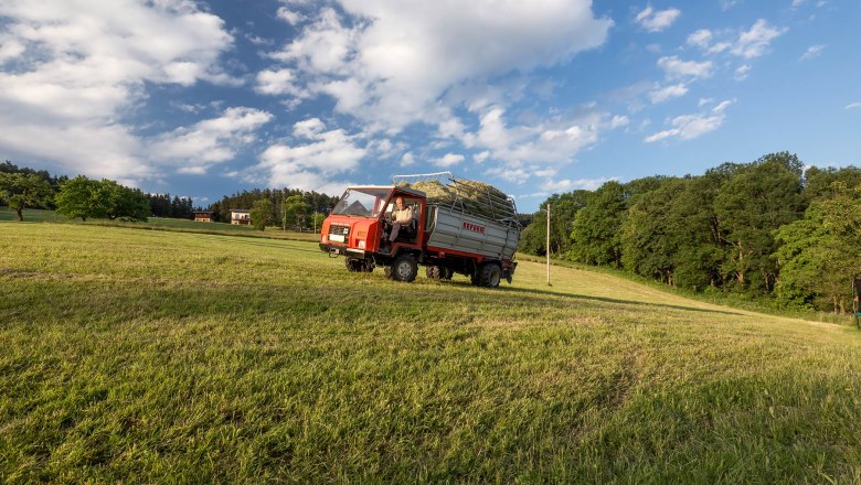 A tractor with a trailer full of hay drives across a green field under a blue sky with clouds.