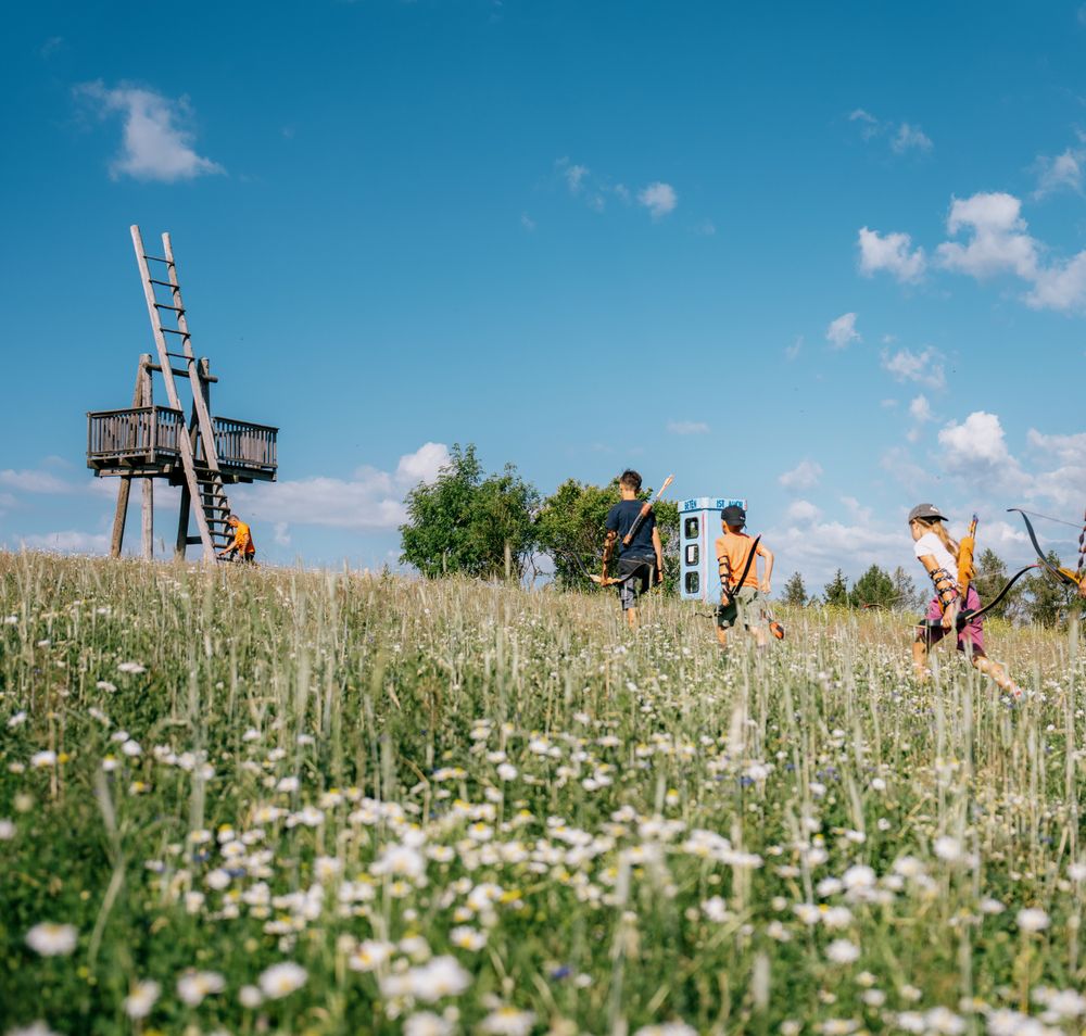 Kinder und eine Erwachsene gehen mit Bogenschieß-Ausrüstung bergauf über eine Blumenwiese. Im Hintergrund sieht man Wald und weiter oben eine kleine Aussichtswarte aus Holz.