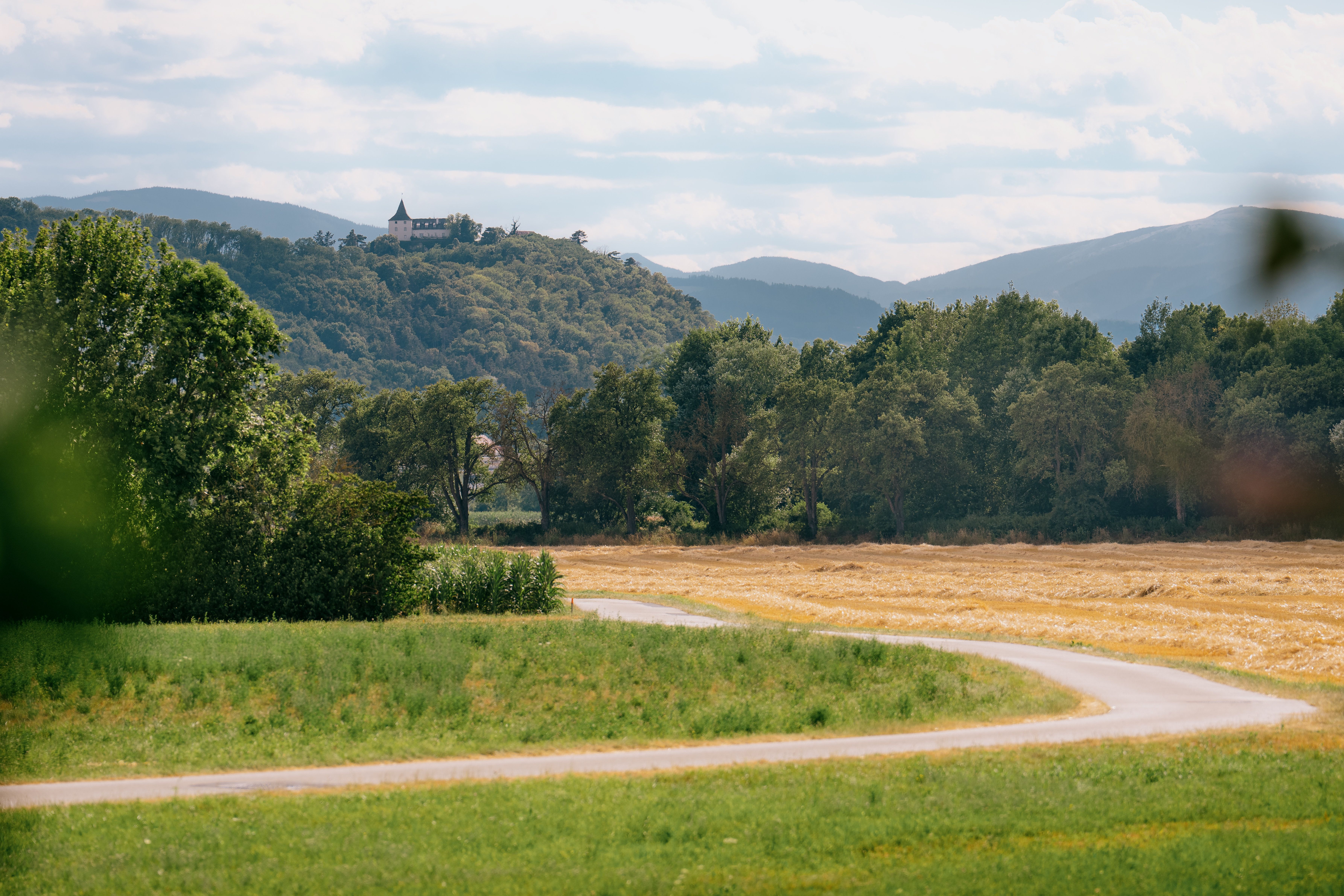 Blick auf den Sagenweg Lanzenkirchen mit geschwungenem Weg, Wiesen, Bäumen und einer Burg auf dem Hügel im Hintergrund.