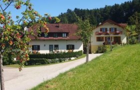 Zwei Häuser mit roten Dächern in grüner Lage umgeben von Bäumen.