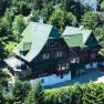 Aerial view of a large villa with a green roof, surrounded by trees.