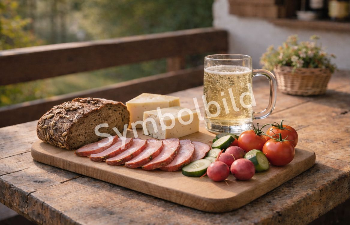 Ein rustikales Brett mit Brot, Käse, Wurst, Tomaten, Gurken und Radieschen, daneben ein Krug mit Getränk auf einem Holztisch im Freien. Im Bild steht als Wasserzeichen "Symbolbild".