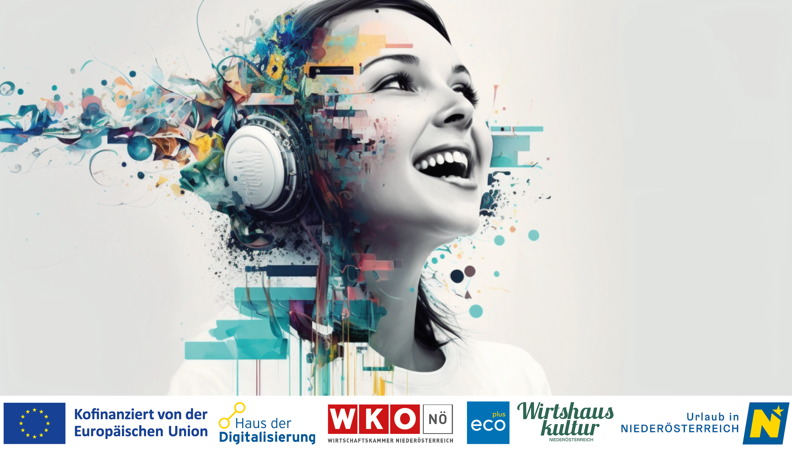 Um den Kopf einer lachenden jungen Frau mit Kopfhörern schwirren verschiedene, mehrfarbige Formen. Darunter eine Logoleiste mit Kooperationspartner-Logos.