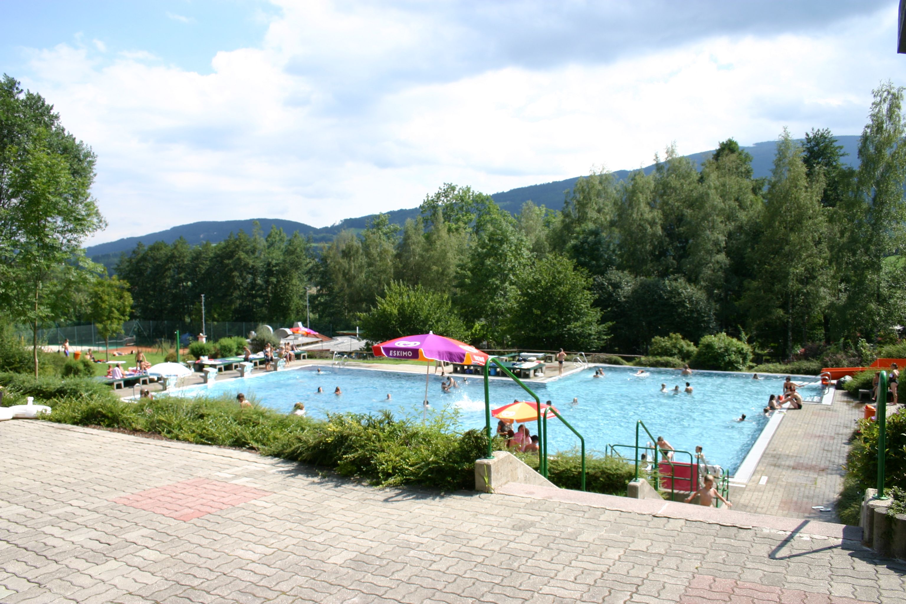 Ein Freibad mit Menschen im Wasser, umgeben von Bäumen und Bergen im Hintergrund.