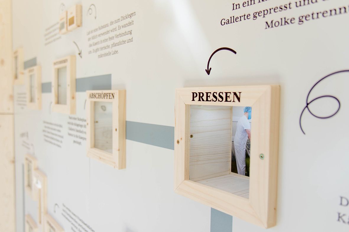Auf einer Wand werden schön illustriert die verschiedenen Schritte der Ziegenkäseherstellung erklärkt. Kleine Holzfenster geben Einblick in die Produktion.