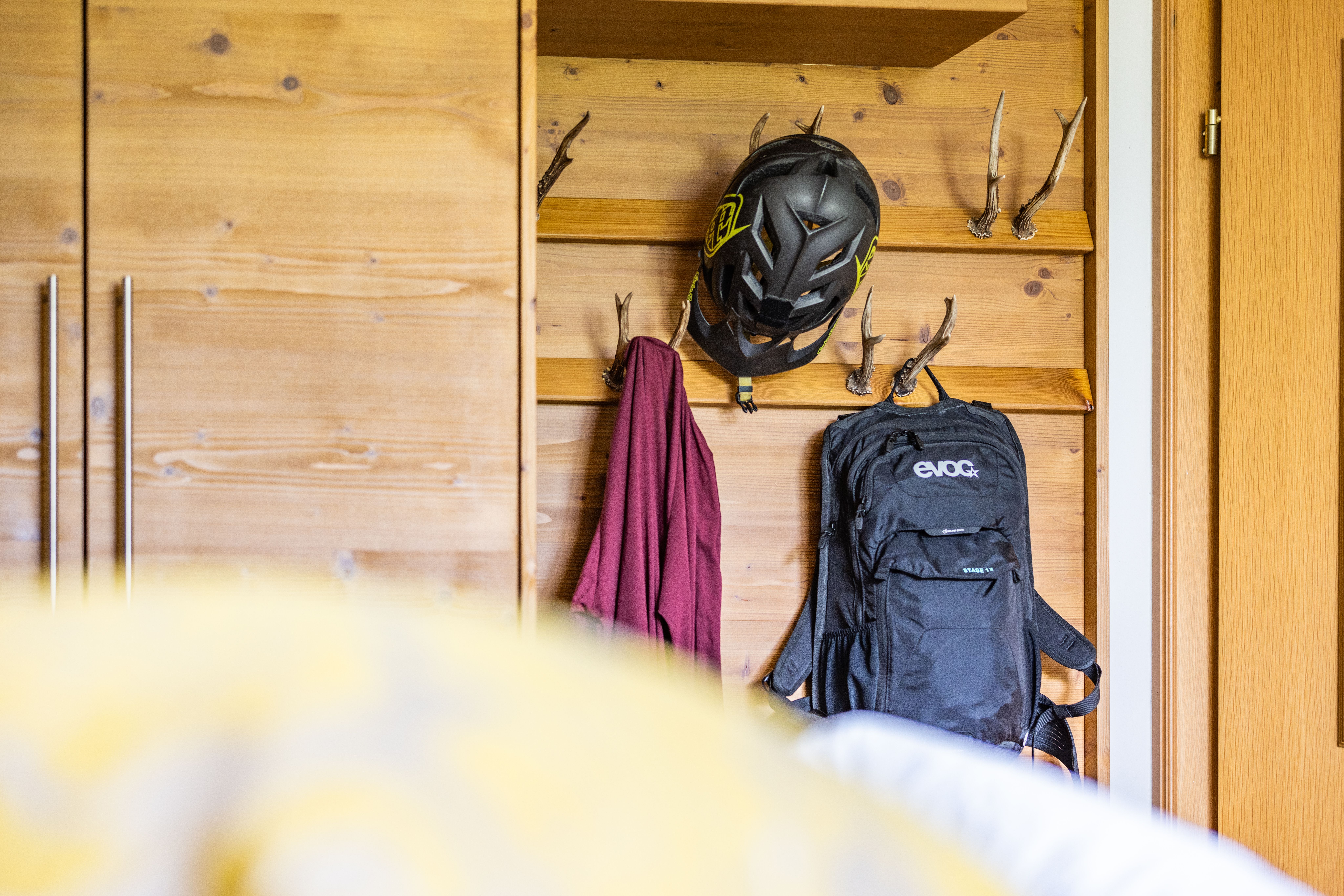 Hotel room with a wardrobe and cycling equipment