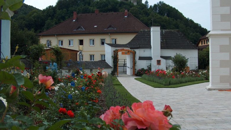 Rose garden in Kirchschlag with a building in the background and a castle on a hill.