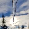 Ein Eiszapfen mit einem Wassertropfen vor einem bewölkten Himmel und Bäumen im Hintergrund.