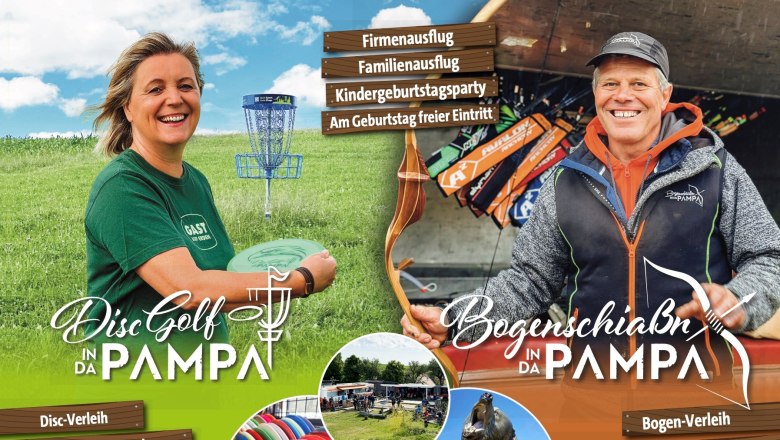 Flyer für Disc Golf und Bogenschießen in der Pampa mit Bildern von einer Frau mit einer Discgolf Scheibe und einem Mann mit einem Bogen in der Hand.