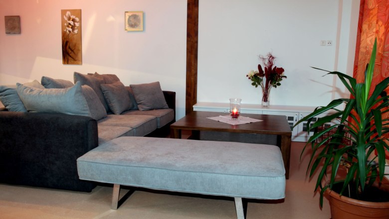 Ein modernes Wohnzimmer mit grauem Sofa, Couchtisch, Pflanzen und Wanddekorationen.