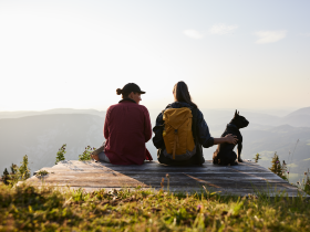 In der goldenen Abendsonne genießen zwei Wanderer die atemberaubende Aussicht auf die sanften Hügel und das weite Tal. Ihr treuer Begleiter, ein kleiner Hund, sitzt entspannt neben ihnen und teilt diesen friedlichen Moment der Naturverbundenheit. Die frische Bergluft und die Stille der Umgebung laden dazu ein, die Seele baumeln zu lassen.