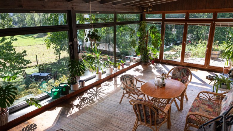 Wintergarten mit Pflanzen und Holzmöbeln, Blick auf Garten.