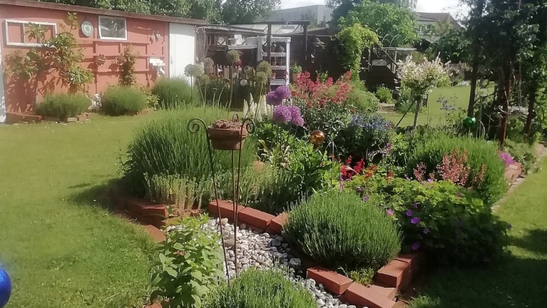 Ein gepflegter Garten mit Staudenbeeten, Ziegelumrandungen und blühenden Pflanzen unter blauem Himmel.