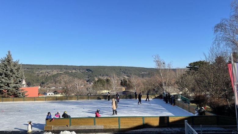 Eislaufplatz mit Menschen und Pinguinfigur, umgeben von Bäumen und Hügeln unter blauem Himmel.