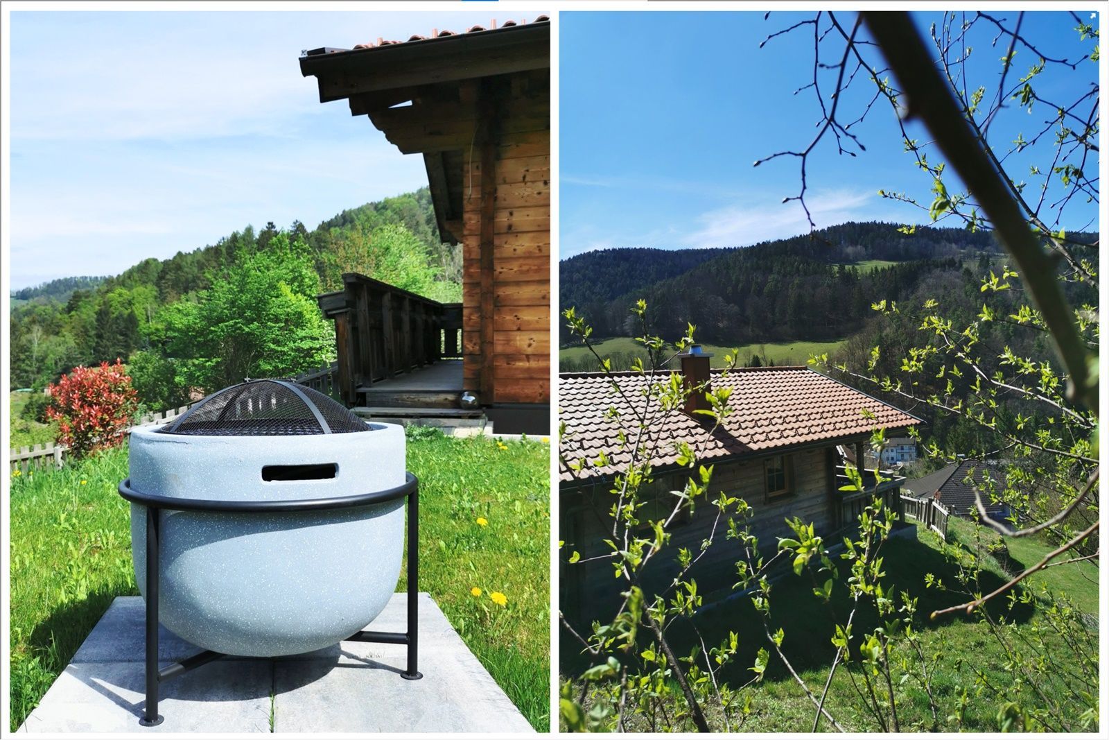 Zwei Bilder eines Gartens mit einem Holzhaus und einer Feuerschale.