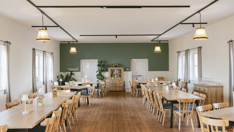 Ein heller Raum mit Holzboden, langen Tischen und St&uuml;hlen, dekoriert mit Pflanzen und Lampen.