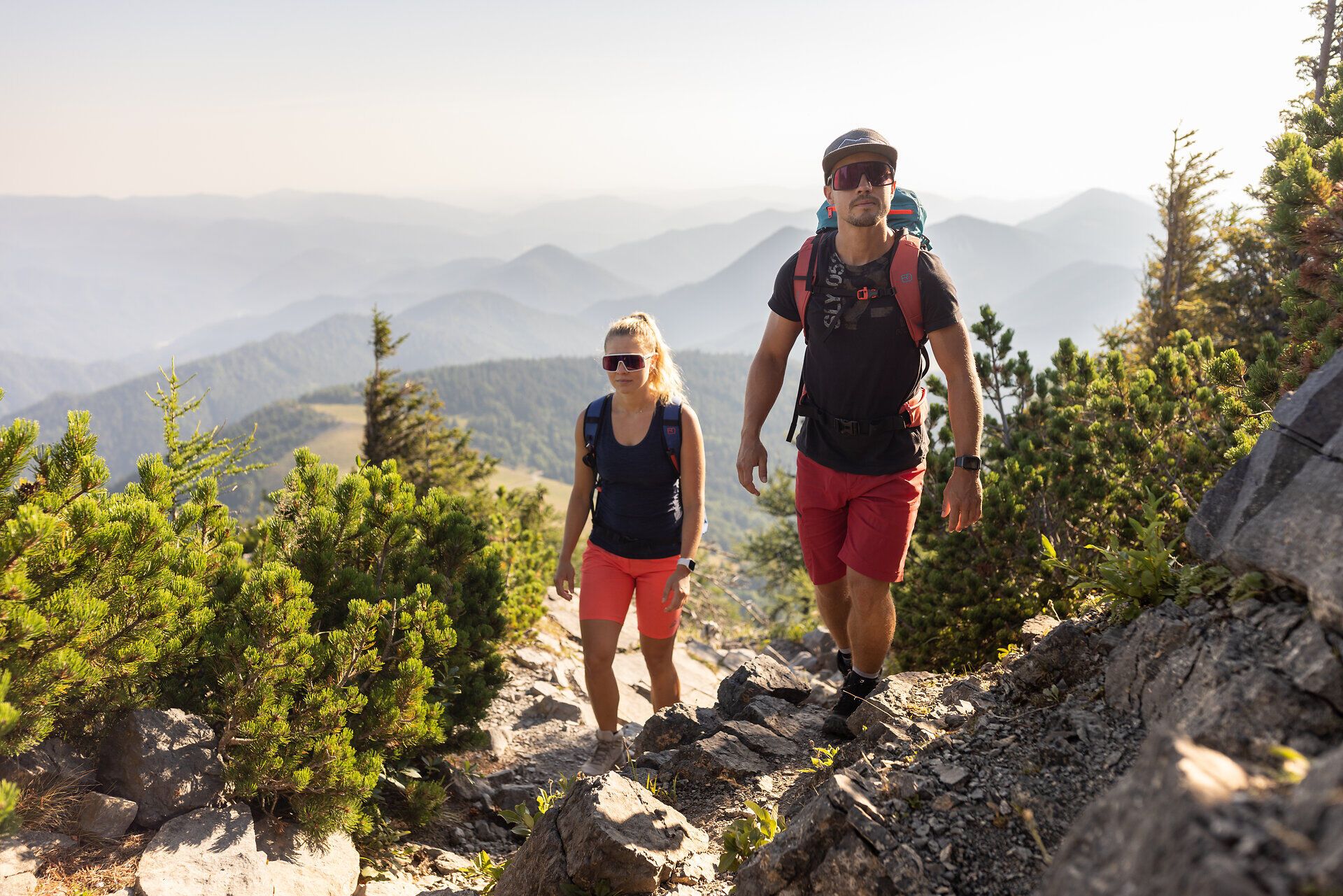 Die Wanderer genießen die frische Bergluft und die atemberaubende Aussicht auf die sanften Hügel und Wälder der Wiener Alpen. Umgeben von duftenden Nadelbäumen und bunten Wildblumen, erleben sie die Ruhe und Schönheit der Natur in vollen Zügen.