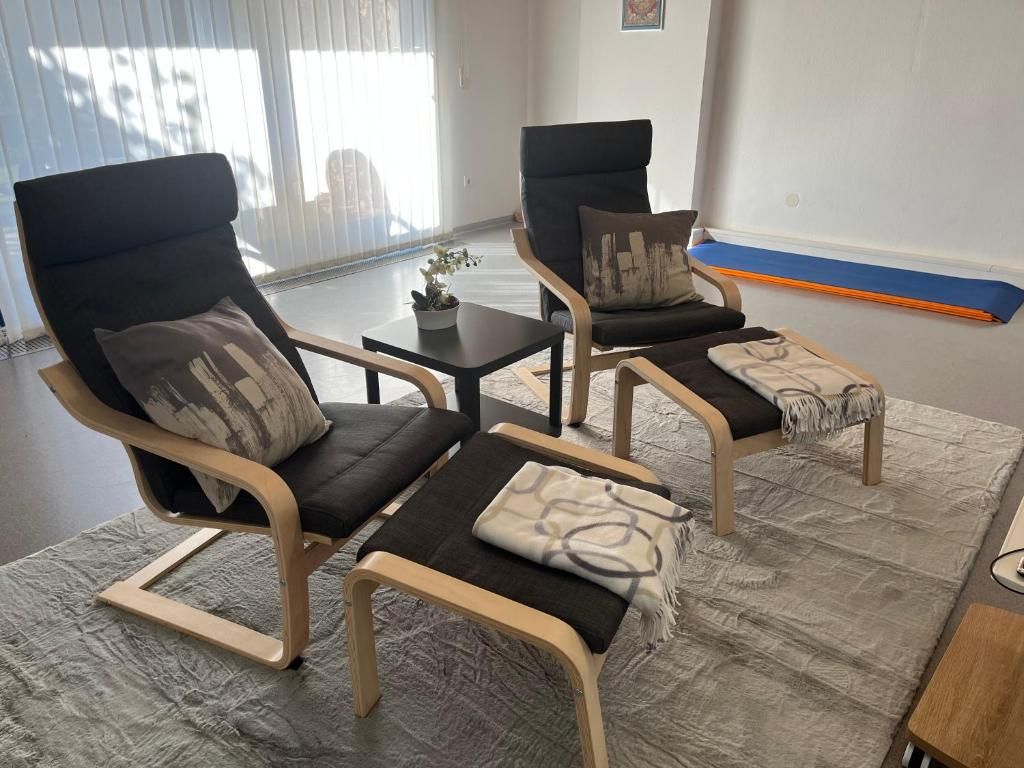Large room with carpet, TV and 2 comfortable armchairs