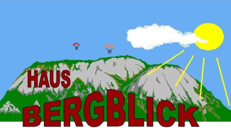 Illustration eines Berges mit der Aufschrift 'Haus Bergblick', zwei Paragleiter und Sonne am Himmel.