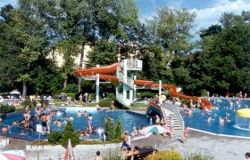 Ein Freibad mit vielen Menschen, einer Wasserrutsche und Bäumen im Hintergrund.