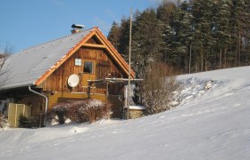 Ein verschneites Holzhaus am Waldrand mit blauem Himmel.
