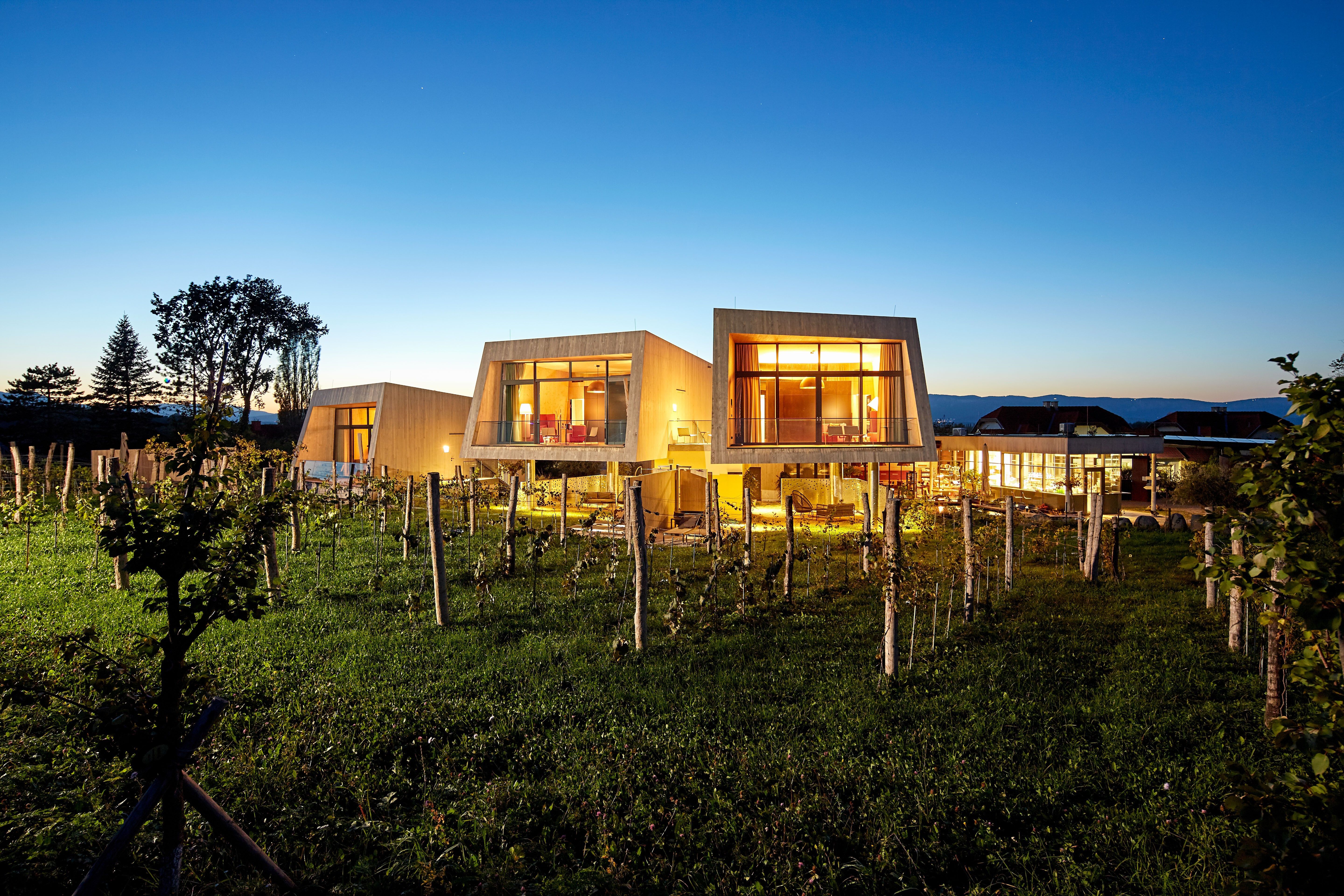 Moderne Gartenlofts auf Gut Guntrams bei Dämmerung, umgeben von Weinreben.