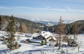 Winter landscape with mountain inn and ski lift in M&ouml;nichkirchen.