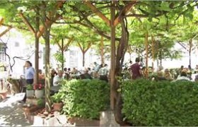 Ein belebter Schanigarten mit vielen Menschen unter einem gr&uuml;nen Bl&auml;tterdach.