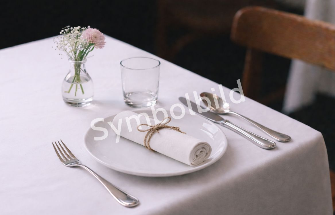 Ein elegant gedeckter Tisch mit weißem Tischtuch, Besteck, einem Glas, einem Teller mit gerollter Serviette und einer kleinen Vase mit Blumen. Als Wasserzeichen steht "Symbolbild" am Bild.