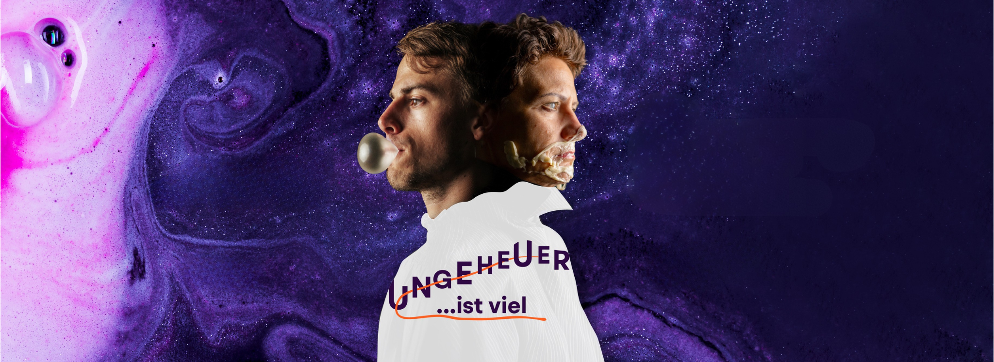 2 Menschen mit Kaugummi auf lila Hintergrund mit allen Informationen des Festivals für Theaterformen