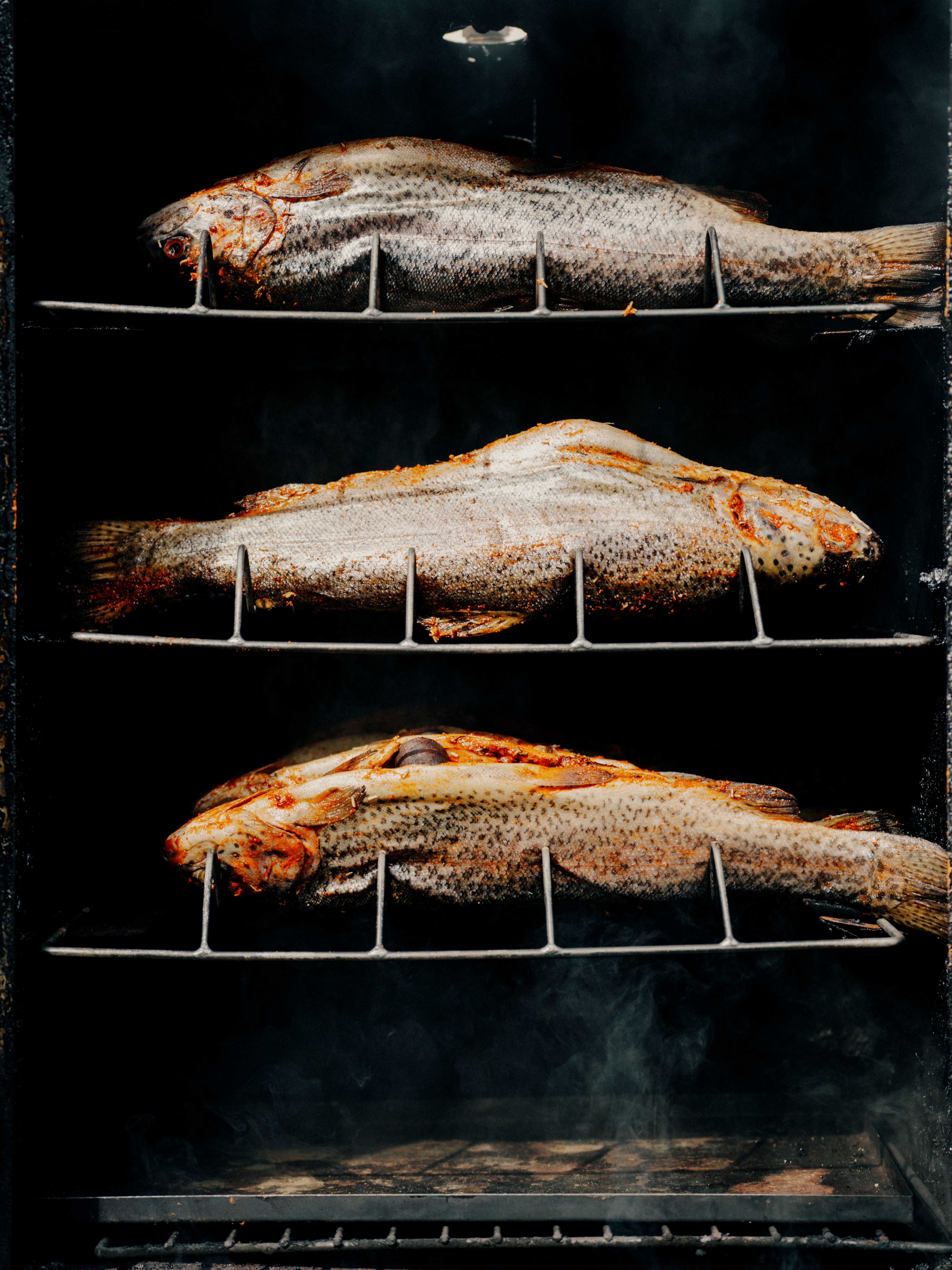 Drei Etagen in einem Grill mit jeweils einem gegrillten Fisch auf dem Gitter.