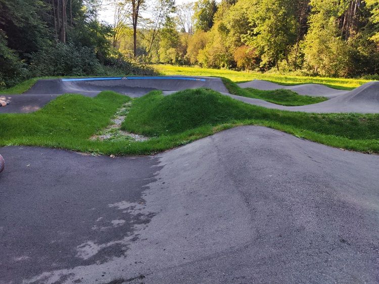 Pumptrack mit Asphalt und Gras in einer bewaldeten Umgebung.