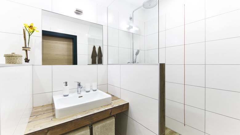 Modern bathroom with washbasin, mirror and shower.