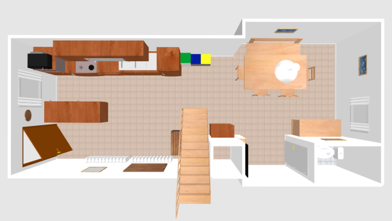 3D-Grundriss einer Wohnung mit Küche, Esstisch, Treppe und Badezimmer.