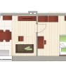Floor plan of an apartment with kitchen, living room, bathroom and balcony.