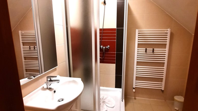 Modernes Badezimmer mit Dusche, Waschbecken und Handtuchheizkörper.