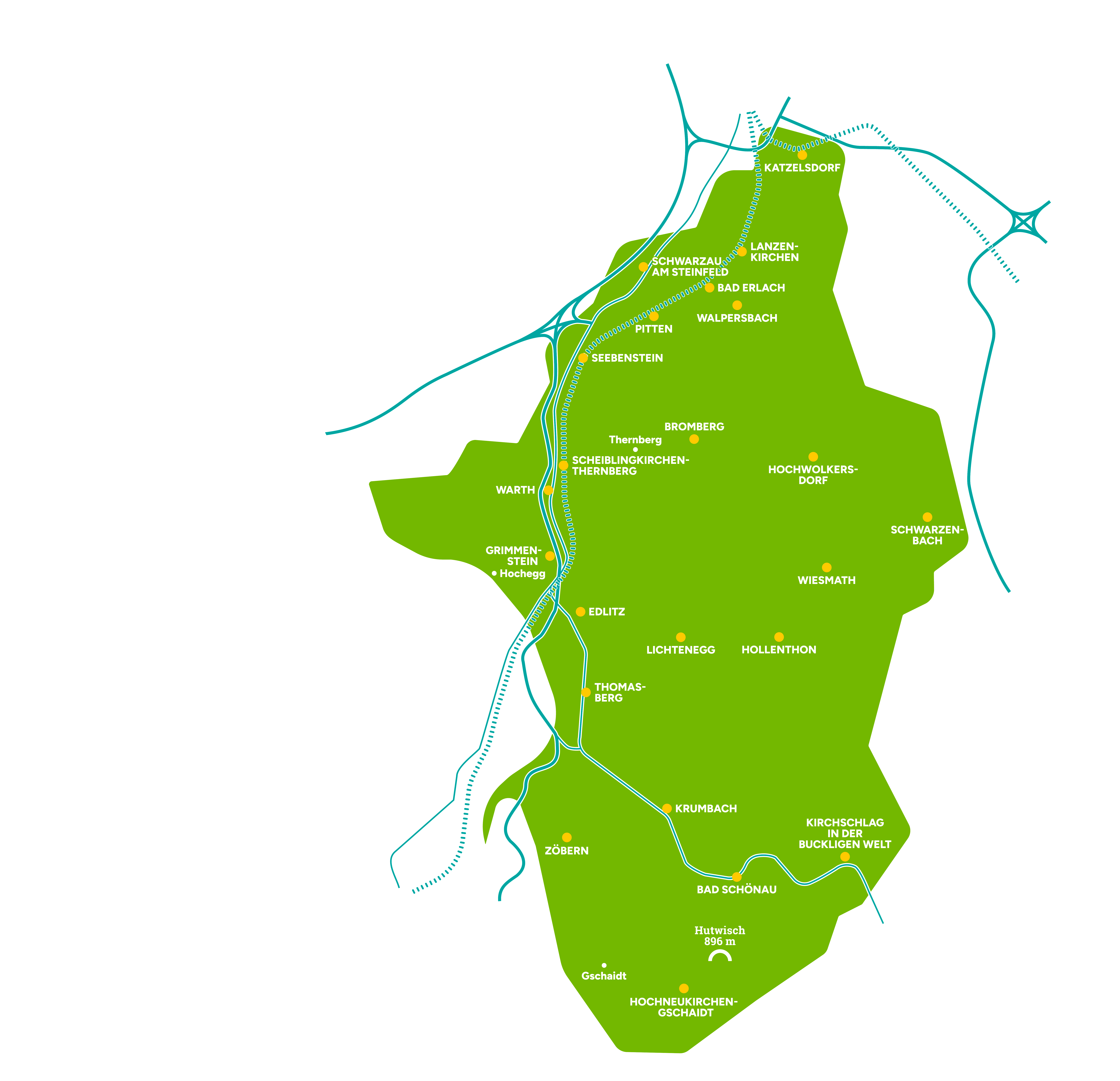 Regionskarte Bucklige Welt mit Hauptverkehrsadern Autobahn und Bahn