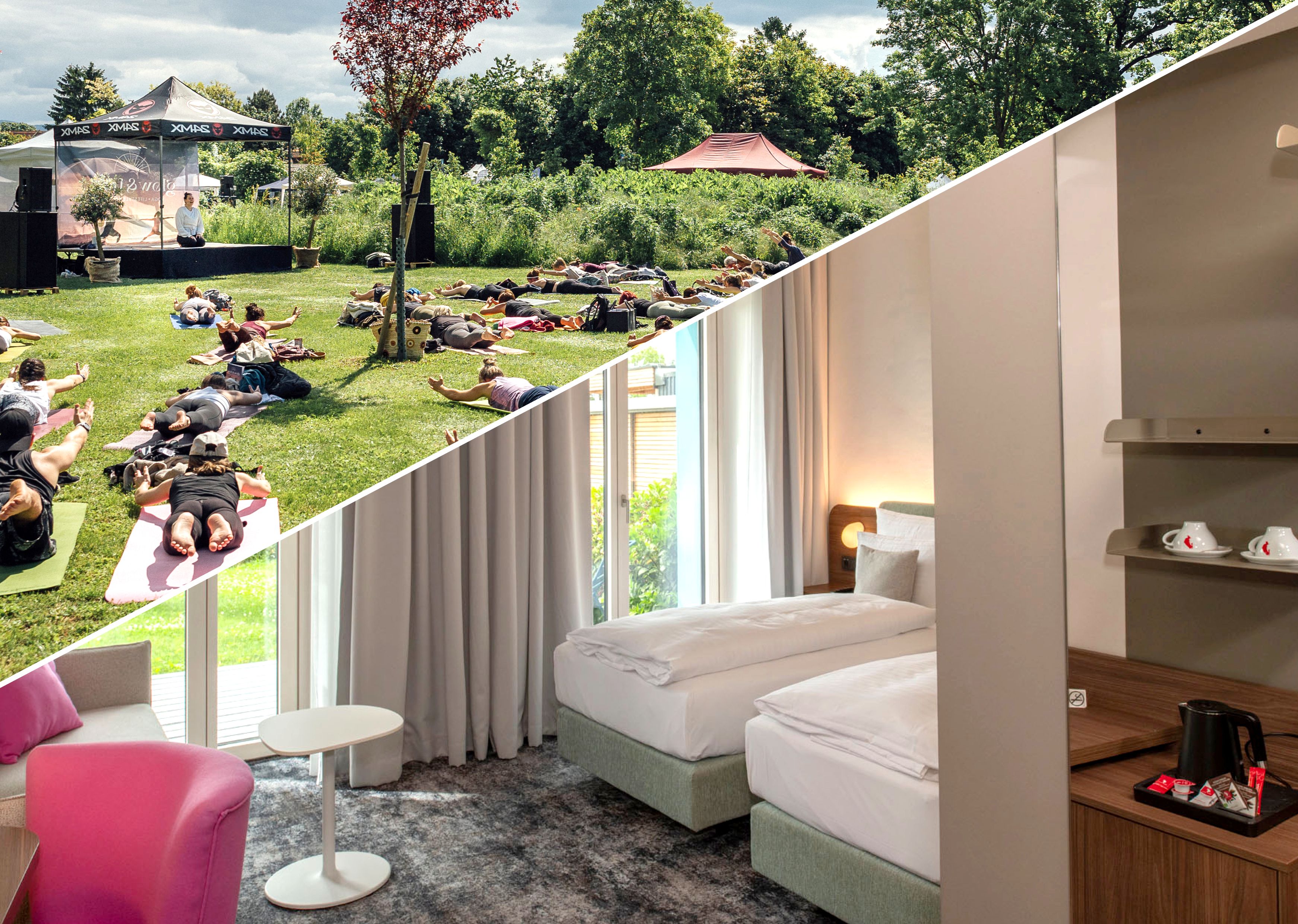 Picknickwiese, auf der Personen Yoga vor einer Bühne machen und Doppelzimmer des Hotel leParc mit Gartenzugang