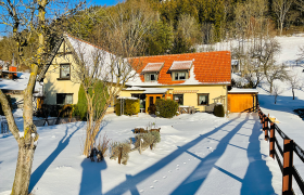 Schneebedecktes Haus mit rotem Dach und Garten, umgeben von Bäumen und Zaun, bei sonnigem Wetter.