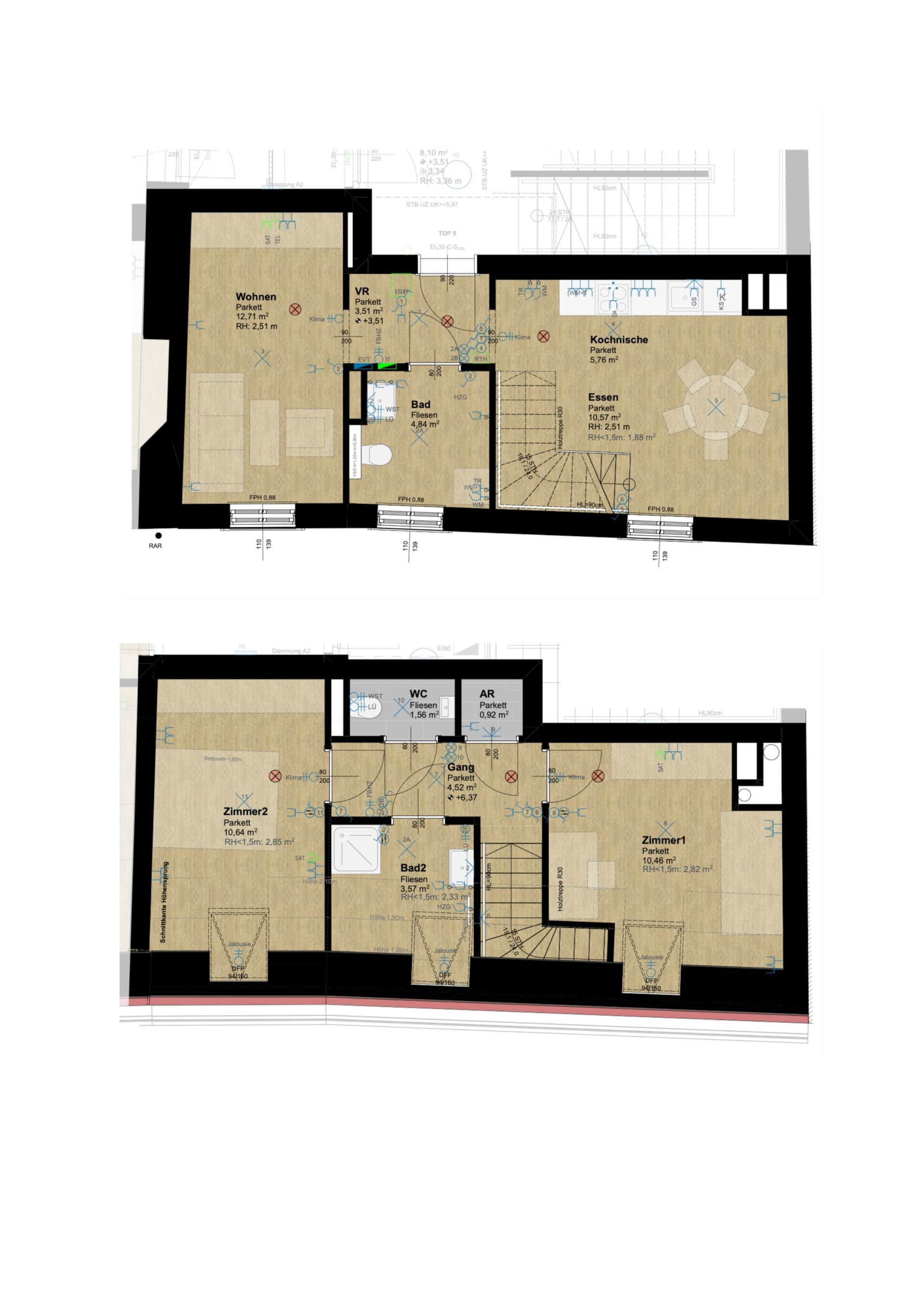 Floor plan of the 2 floors. First floor: living room, dining room and kitchen, bathroom, entrance hall, staircase. Second floor: stairs, WC, storage room, bathroom, bedroom 1, bedroom 2, hallway.