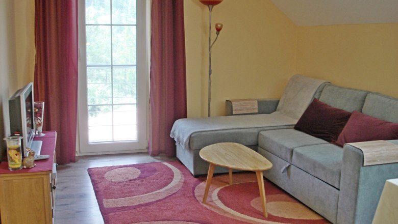 Wohnzimmer mit grauem Sofa, rotem Teppich und Glastür.