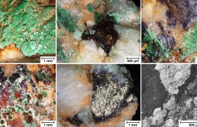 Mikroskopische Aufnahmen von Kupfererz aus Prigglitz mit grünen, braunen und metallischen Strukturen.