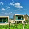 Modern garden lofts with large windows and wood paneling in a green landscape under a blue sky.
