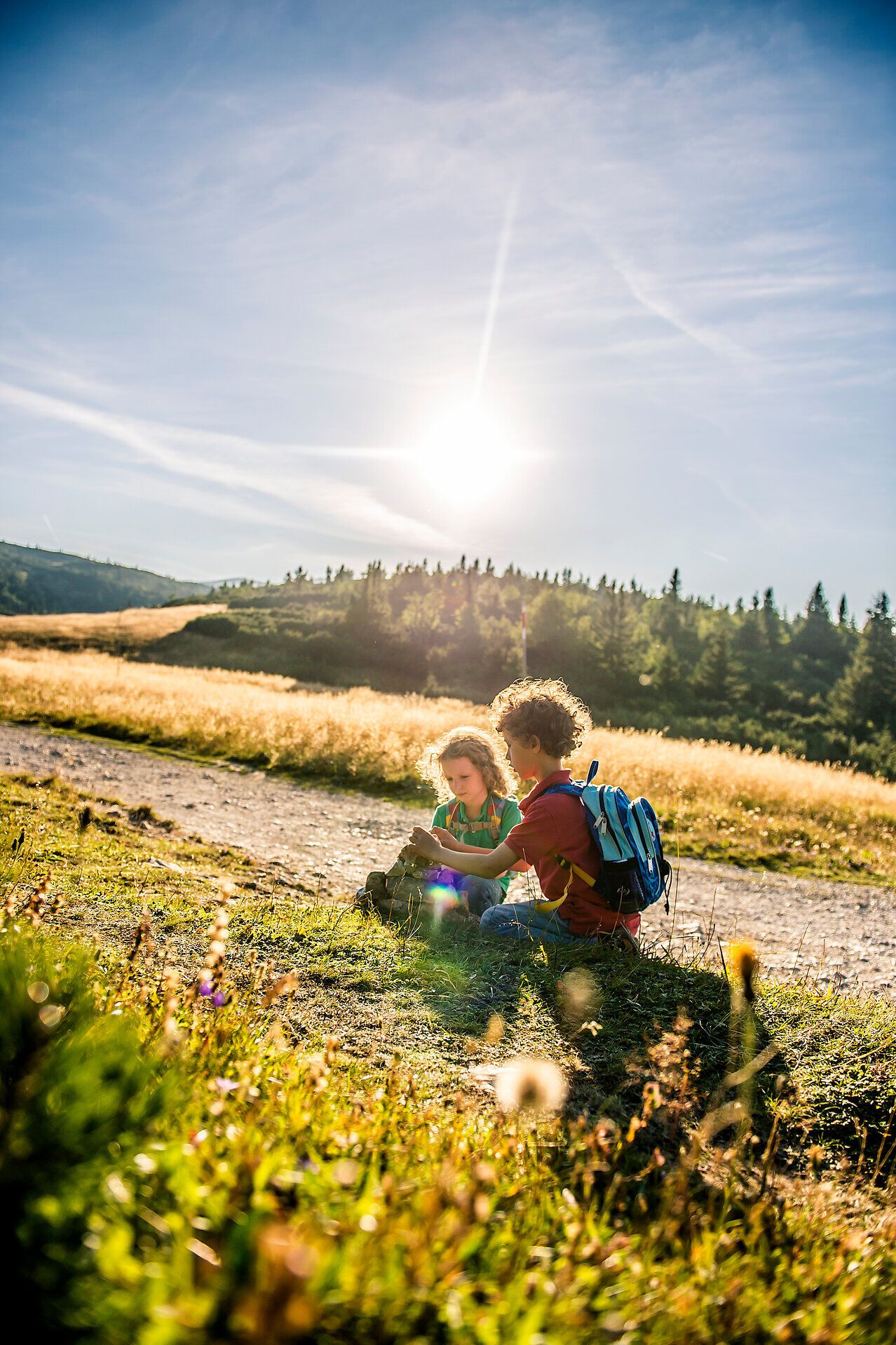 Zwei Kinder sitzen auf einer Wiese und erkunden die Natur, während die Sonne sanft über den Horizont strahlt. Umgeben von üppigem Grün und dem sanften Rauschen des Windes, erleben sie die Freude und Unbeschwertheit eines Sommertages in den Bergen.