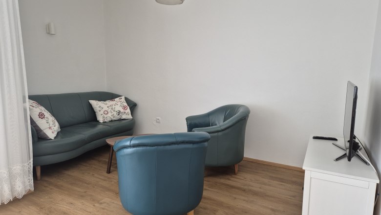 Wohnzimmer mit blauen Sofas, Holzboden und Fernseher.